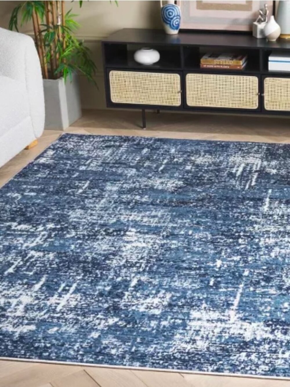 Phantoscope Modern Area Rug 5'x7'- Distressed Blue Geometric Rectangle Pattern